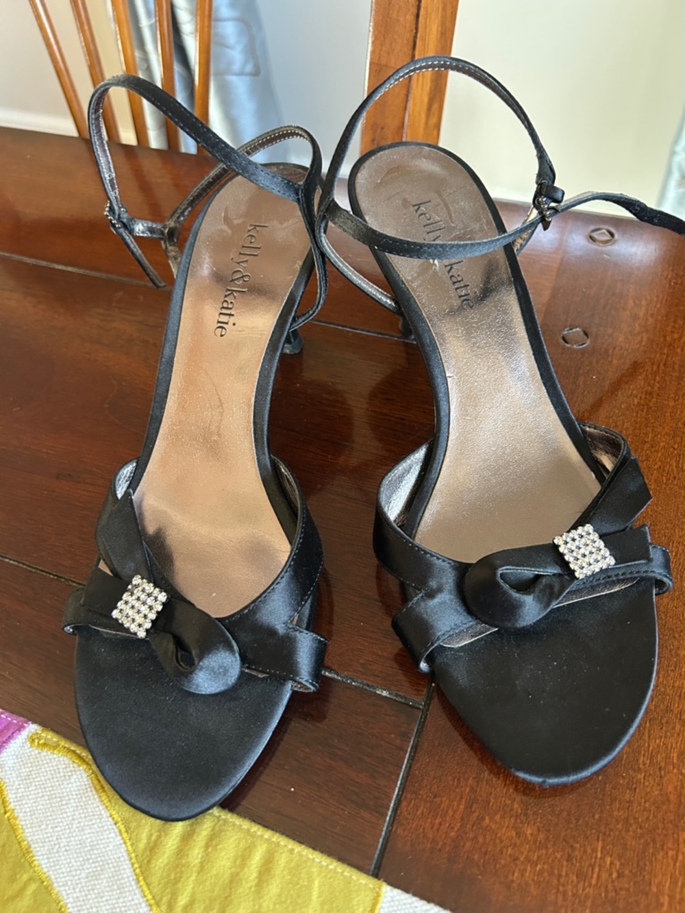 Kelly & Katie Black Satin Bow Heel Sandals with Rhinestone Accent